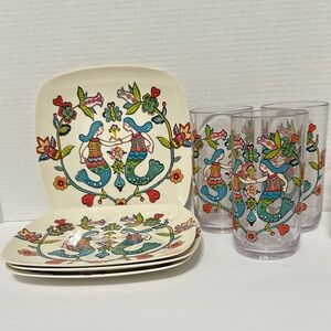 Cost Plus World Market Folk Art Dinnerware Set with Glasses
